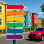Colorful directional sign on a street with vibrant houses in the background