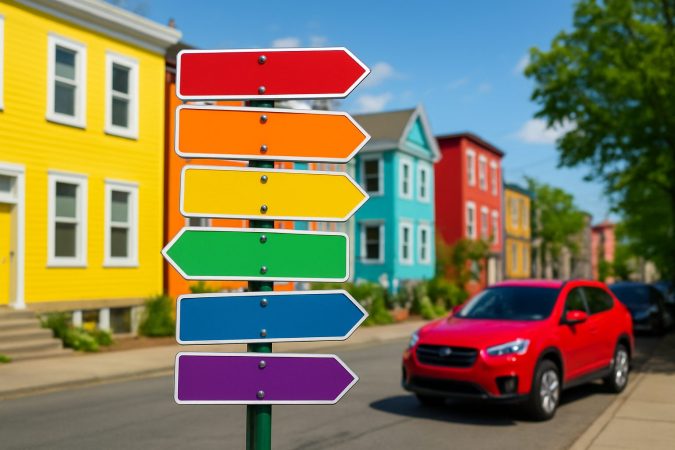 Colorful directional sign on a street with vibrant houses in the background