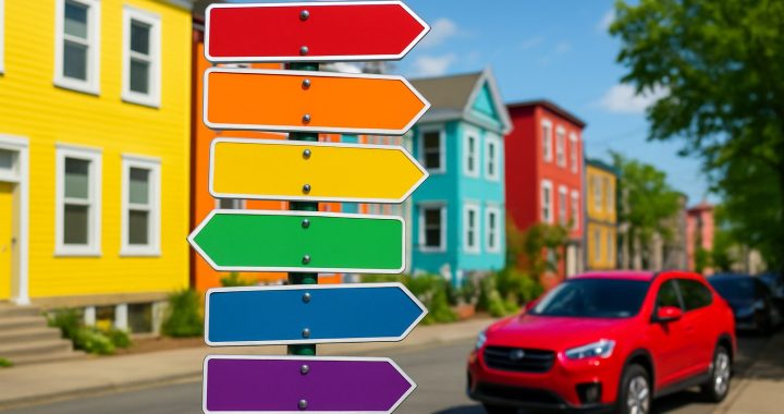 Colorful directional sign on a street with vibrant houses in the background