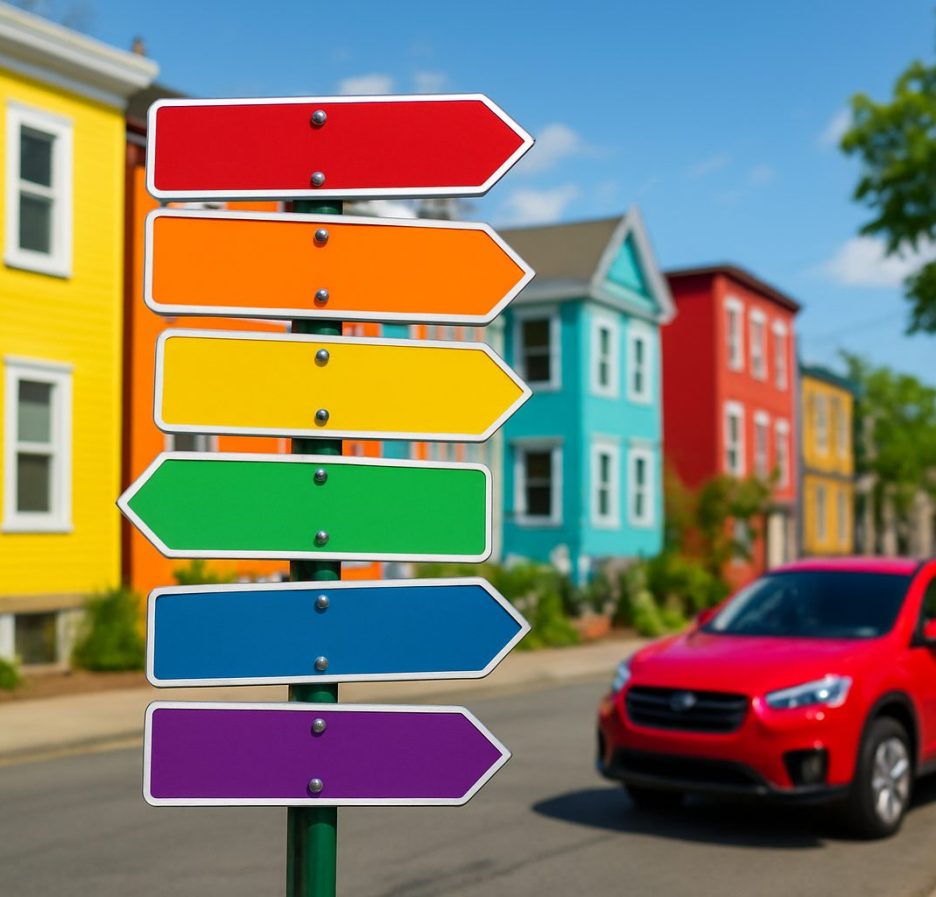 Colorful directional sign on a street with vibrant houses in the background