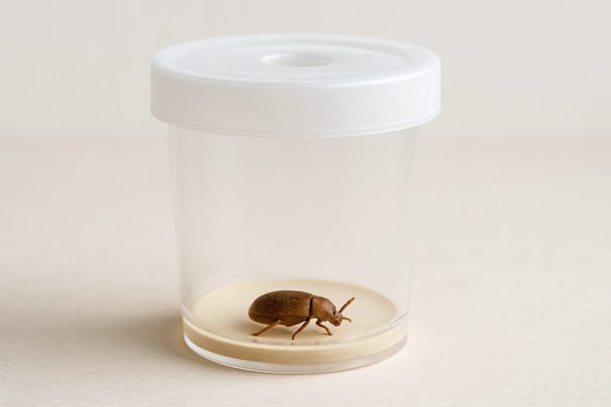 A tobacco beetle inside a transparent container with a sandy base.