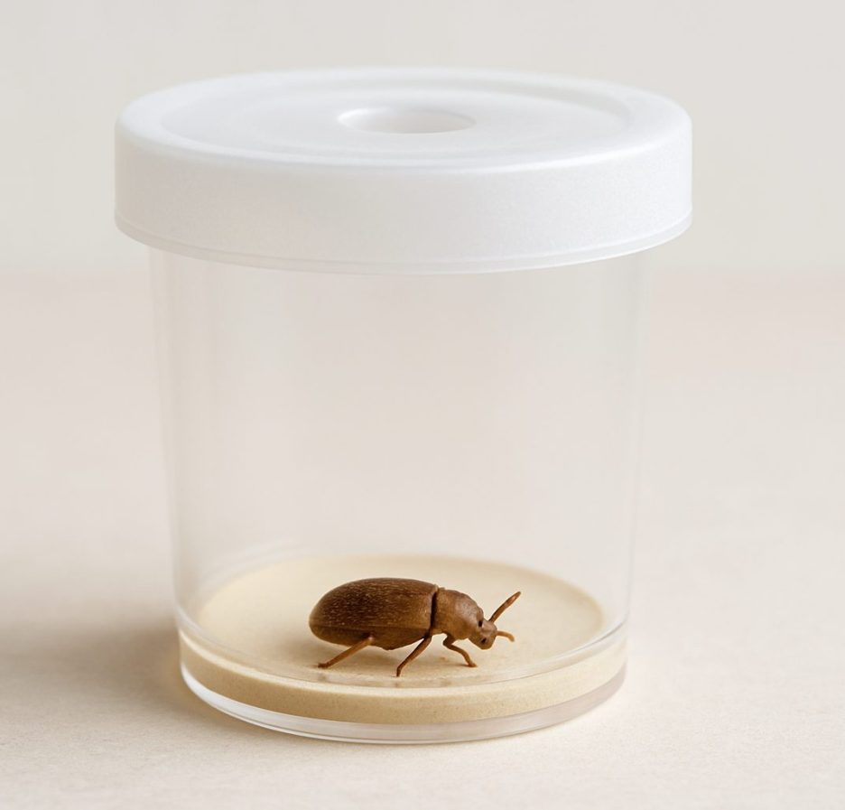 A tobacco beetle inside a transparent container with a sandy base.