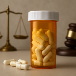 Orange prescription bottle with yellow capsules next to a gavel and scales of justice