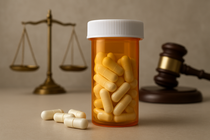 Orange prescription bottle with yellow capsules next to a gavel and scales of justice