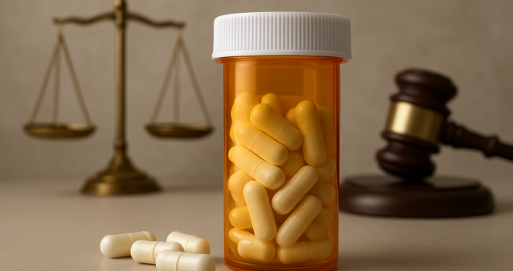Orange prescription bottle with yellow capsules next to a gavel and scales of justice