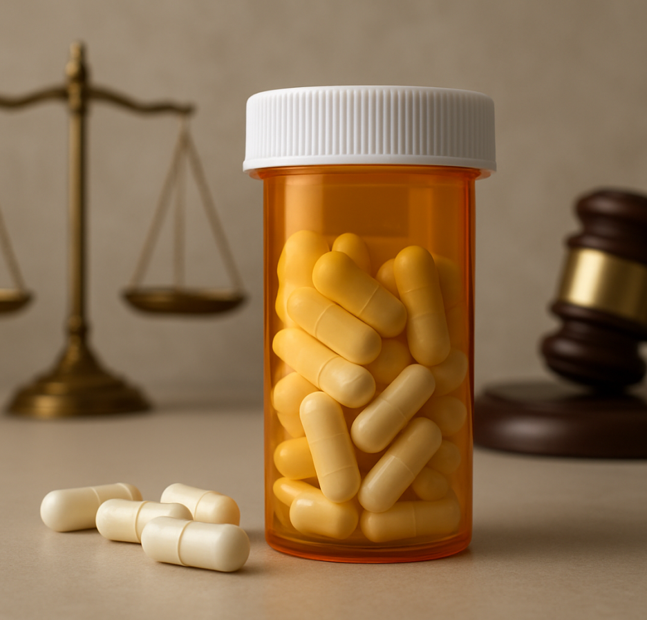 Orange prescription bottle with yellow capsules next to a gavel and scales of justice