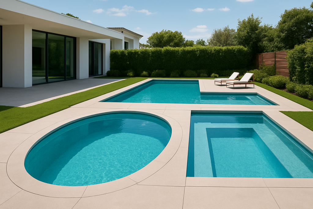 A luxurious outdoor pool area featuring various shapes and designs of swimming pools surrounded by greenery.