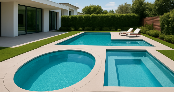 A luxurious outdoor pool area featuring various shapes and designs of swimming pools surrounded by greenery.