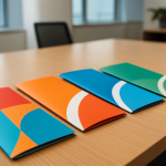 Four colorful printed brochures arranged on a wooden table
