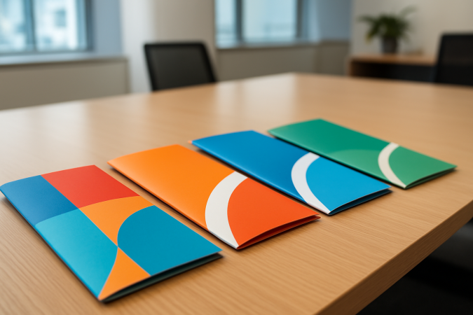 Four colorful printed brochures arranged on a wooden table