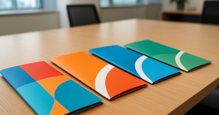 Four colorful printed brochures arranged on a wooden table