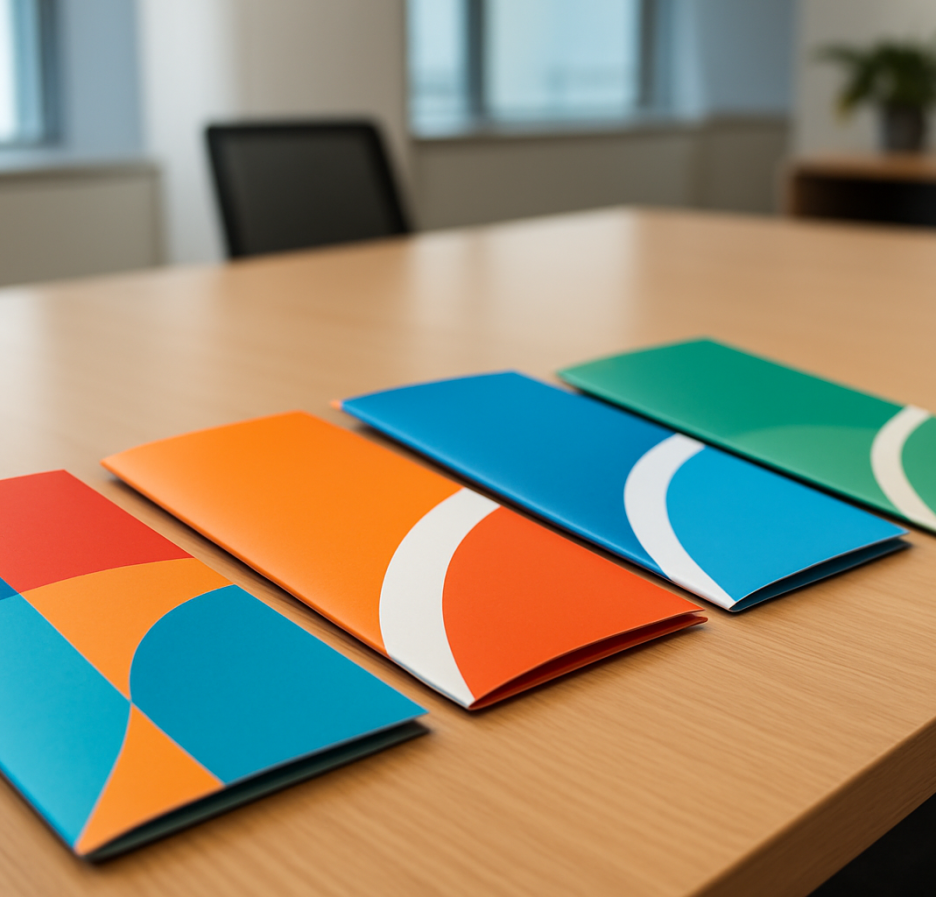 Four colorful printed brochures arranged on a wooden table