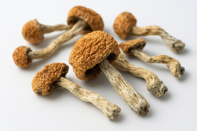 A close-up of dried magic mushrooms on a plain background.
