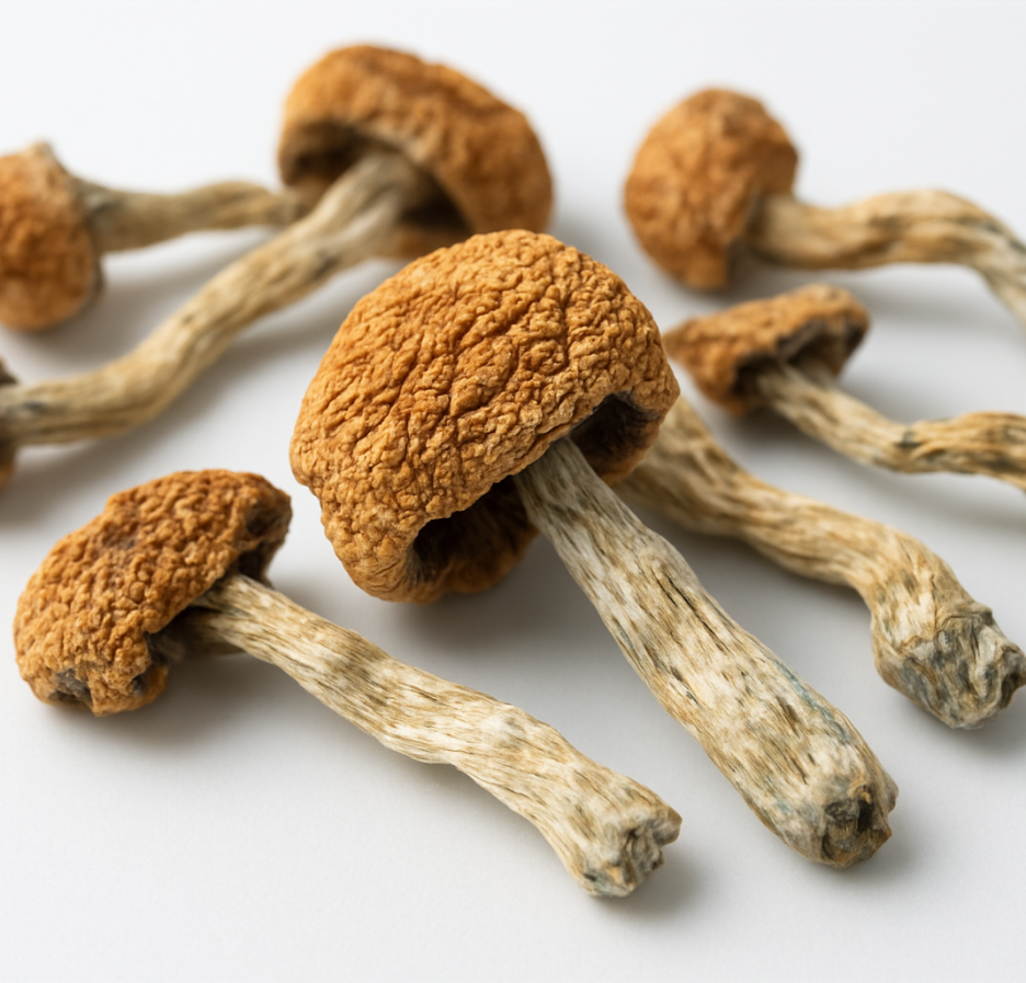 A close-up of dried magic mushrooms on a plain background.